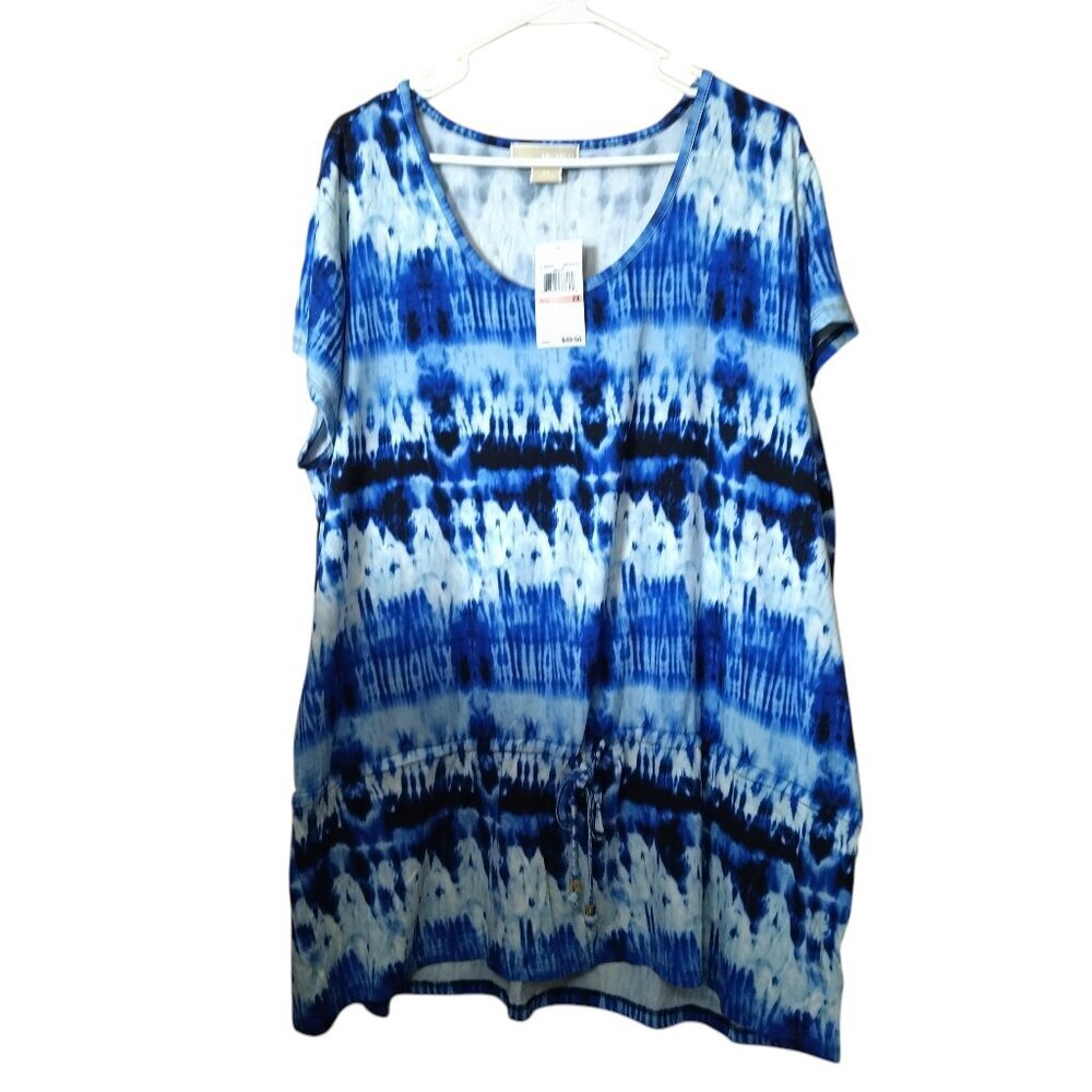 Michael Kors Blue Tie Dye Short Sleeve Pullover Top Drawstring Hippie Boho NEW
